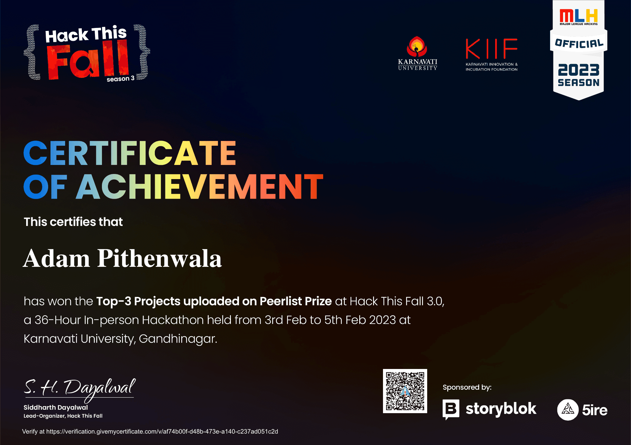 Hack This Fall 3.0 | Achievement Certificate